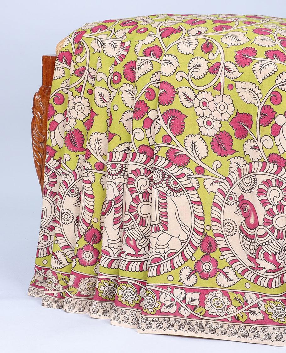 Green floral vine & animal motifs machine-printed kalamkari cotton saree, floral creeper border & pallu of peacocks