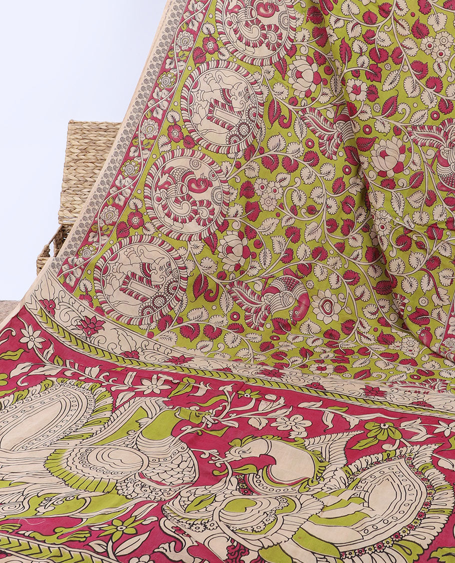 Green floral vine & animal motifs machine-printed kalamkari cotton saree, floral creeper border & pallu of peacocks