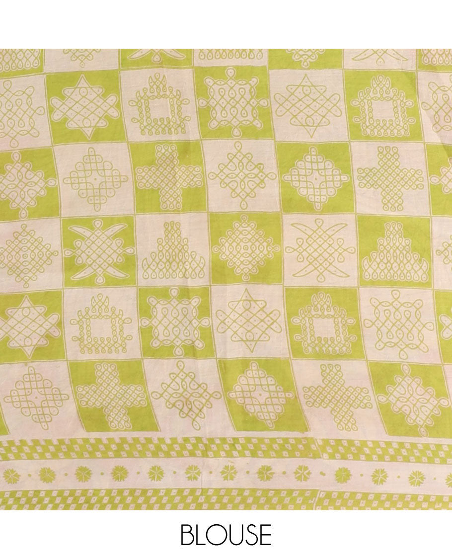 Green floral vine & animal motifs machine-printed kalamkari cotton saree, floral creeper border & pallu of peacocks