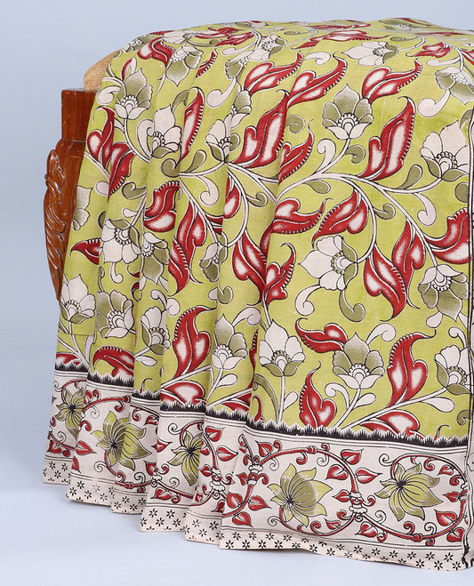 Green floral vine machine-printed kalamkari cotton saree, contrast floral creeper border & pallu of floral & peacock