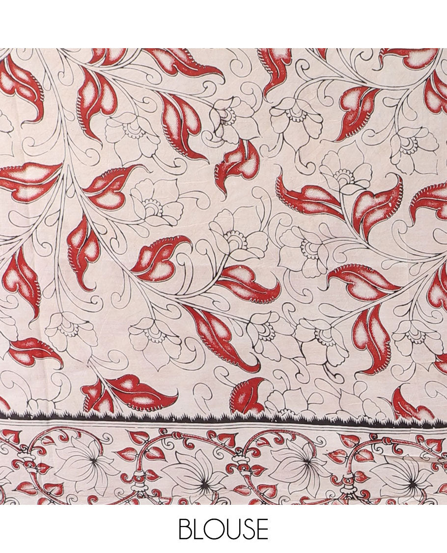 Green floral vine machine-printed kalamkari cotton saree, contrast floral creeper border & pallu of floral & peacock