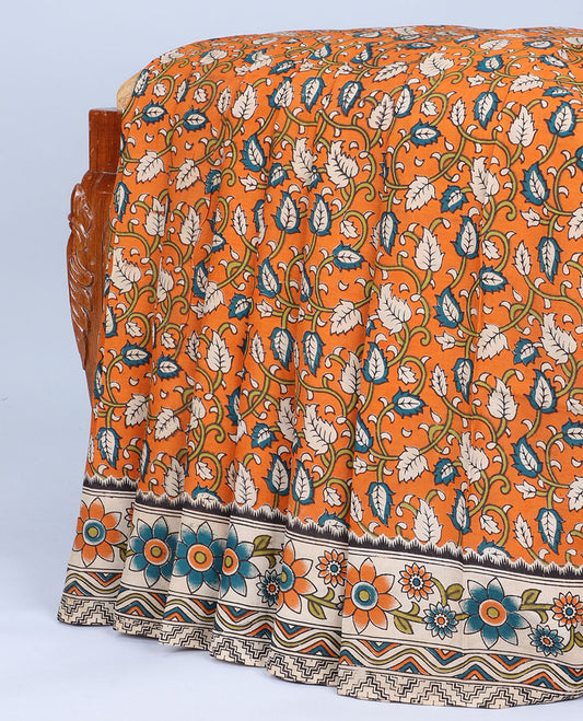 Orange leaf vine machineprint kalamkari cotton saree, contrast floral & chevron border & pallu of floral vine & paisleys