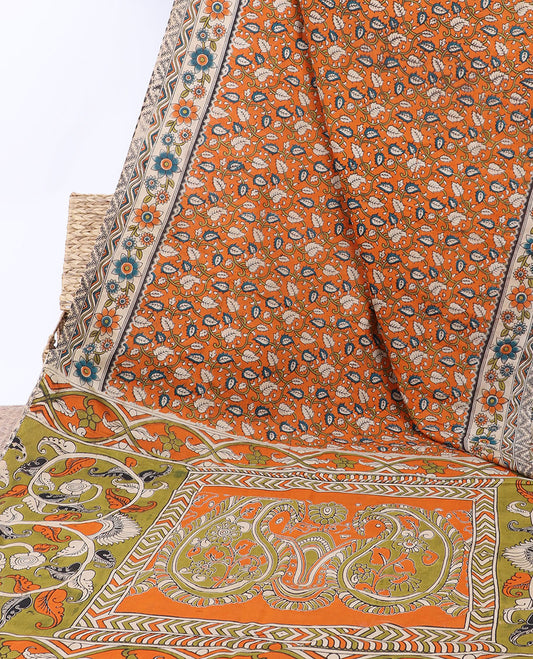 Orange leaf vine machineprint kalamkari cotton saree, contrast floral & chevron border & pallu of floral vine & paisleys