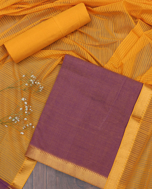 Red material chudidhar set, striped cotton top, contrast plain bottom & zari border dupatta of stripes