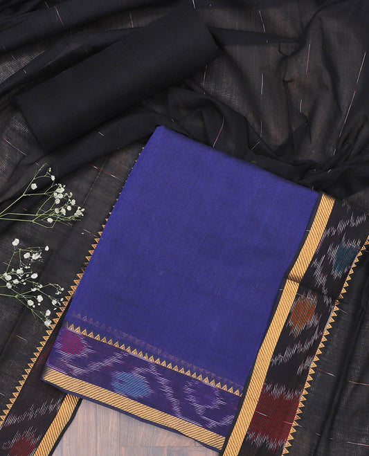 Blue material chudidhar set, plain cotton top, contrast plain bottom & ikkat border dupatta of stripes