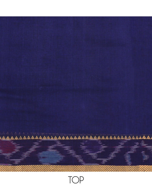 Blue material chudidhar set, plain cotton top, contrast plain bottom & ikkat border dupatta of stripes
