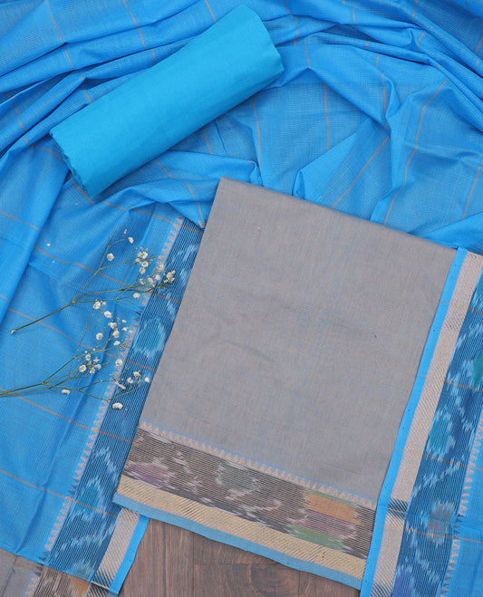 Grey material chudidhar set, ikkat border cotton top, contrast plain bottom & ikkat border dupatta of stripes