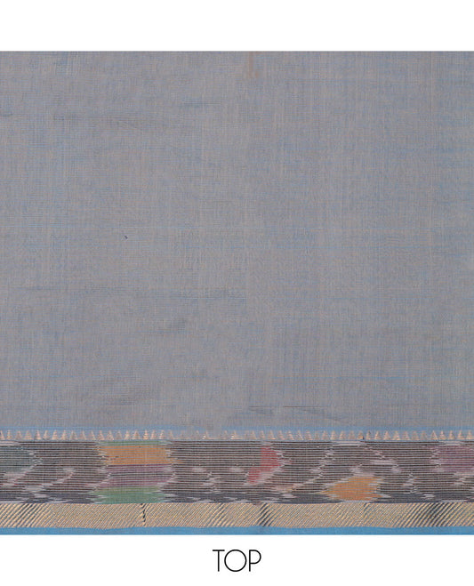 Grey material chudidhar set, ikkat border cotton top, contrast plain bottom & ikkat border dupatta of stripes