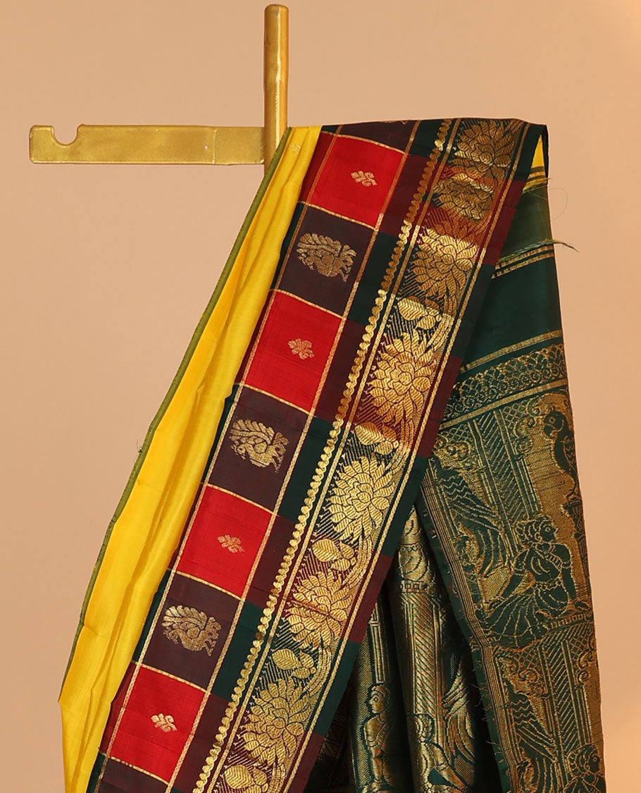Yellow zari buttas kancheepuram silksaree, contrast intricate pallu & temple checked border of salngai & kamalam design