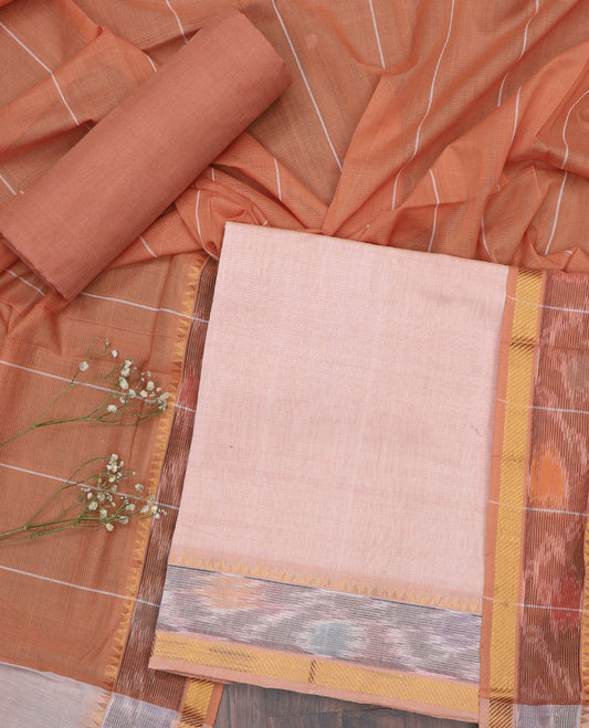Pale orange material chudidhar set,ikkat border cotton top, contrast plain bottom & zari ikkat border dupatta of stripes