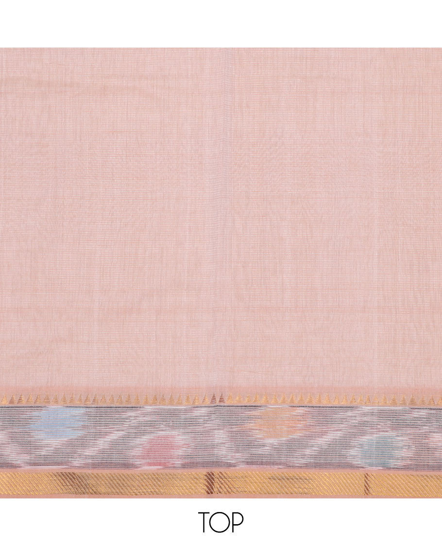 Pale orange material chudidhar set,ikkat border cotton top, contrast plain bottom & zari ikkat border dupatta of stripes