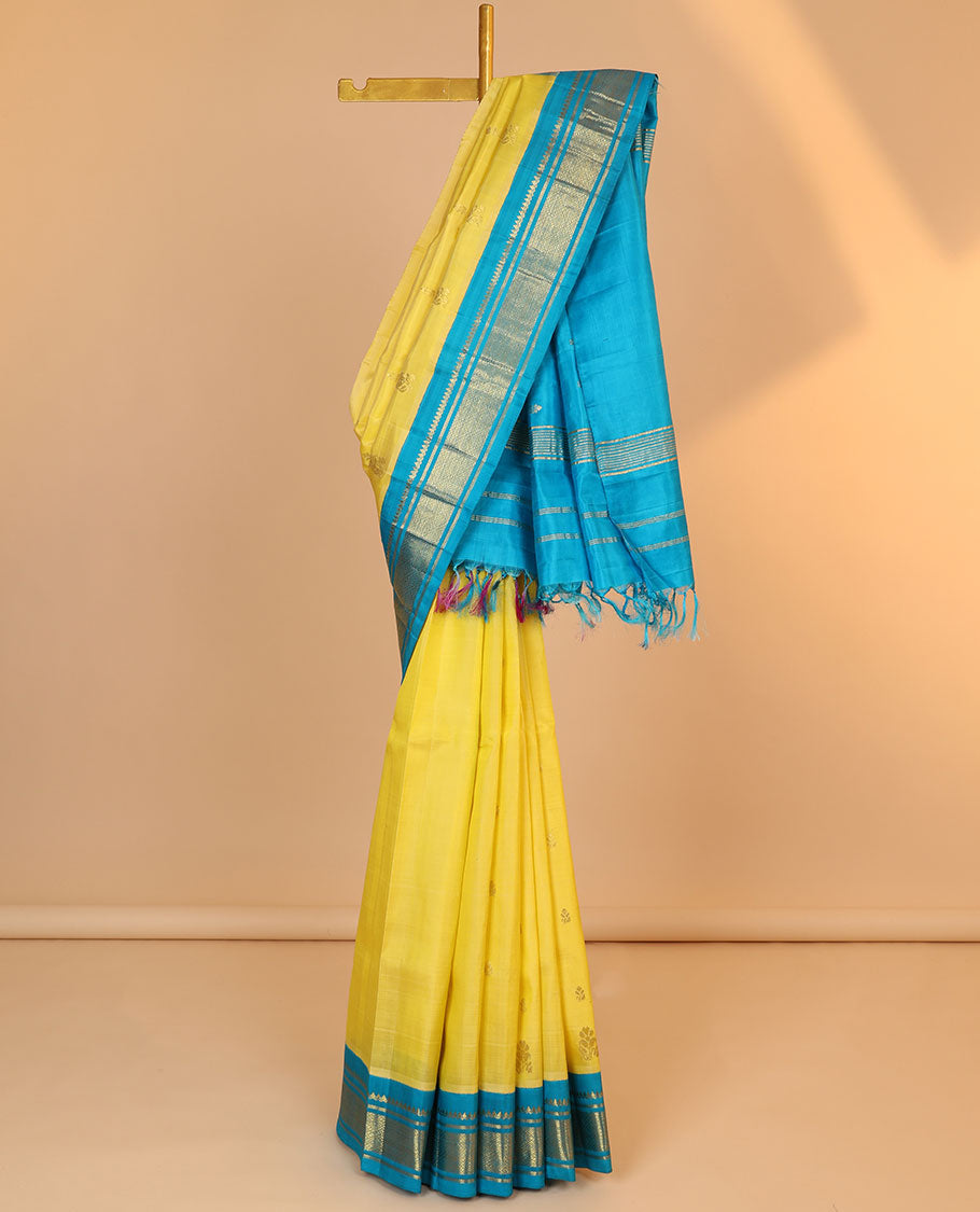 Yellow buttas kancheepuram silksaree, contrast zari design pallu & korvai border of thilakam mokku,banaras & jaal