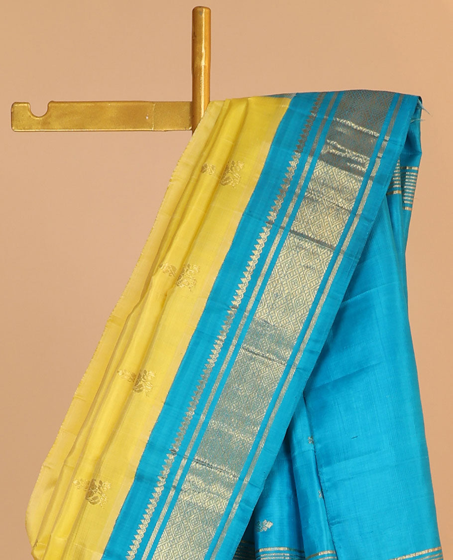 Yellow buttas kancheepuram silksaree, contrast zari design pallu & korvai border of thilakam mokku,banaras & jaal