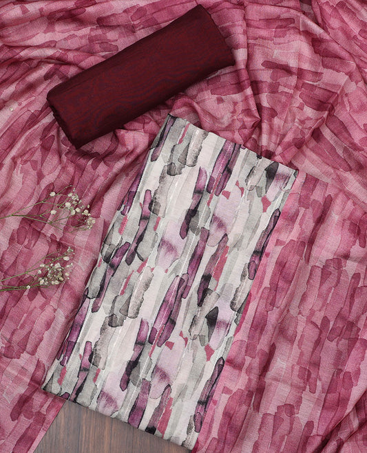 Multi-color material chudidhar set, abstract-style printed top, contrast plain bottom & abstract-style printed dupatta