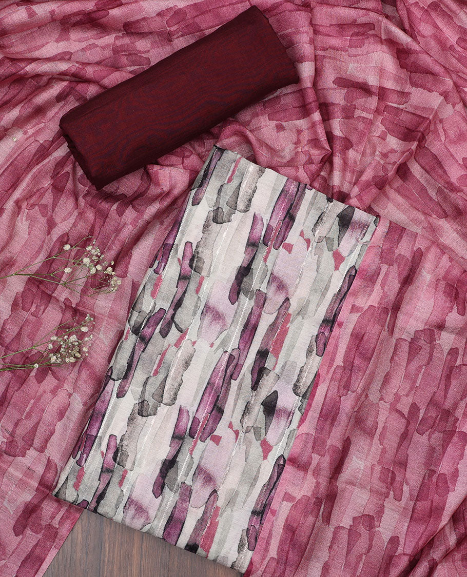Multi-color material chudidhar set, abstract-style printed top, contrast plain bottom & abstract-style printed dupatta