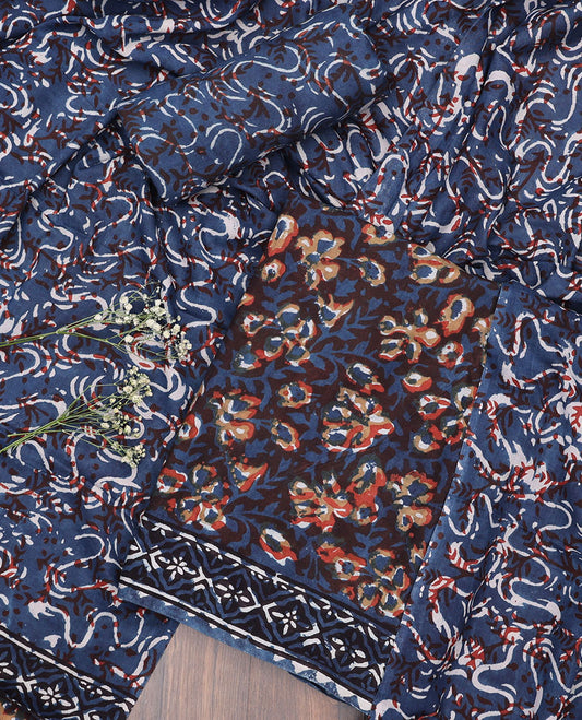Blue material chudidhar set, floral printed top, geometric printed bottom & dupatta