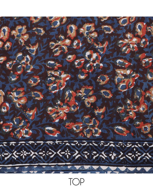 Blue material chudidhar set, floral printed top, geometric printed bottom & dupatta