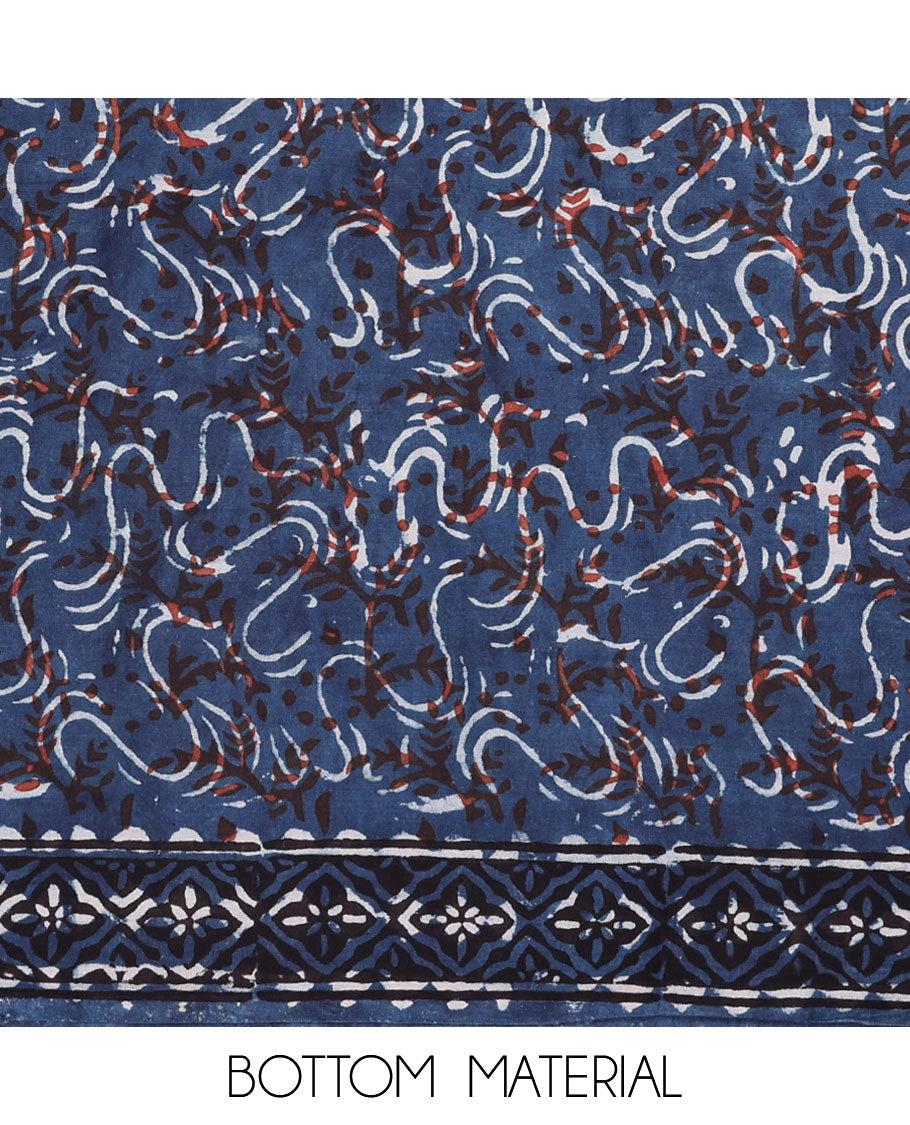 Blue material chudidhar set, floral printed top, geometric printed bottom & dupatta