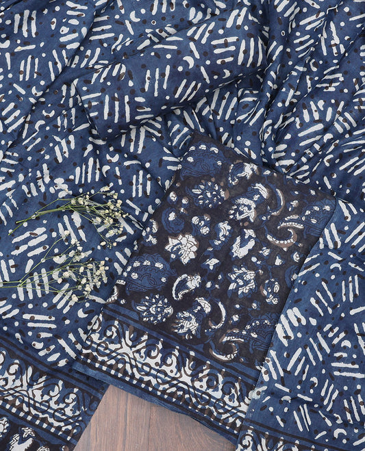 Blue material chudidhar set, floral printed top, printed bottom & dupatta of geometric designs
