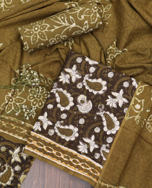 Green material chudidhar set,floral vine printed top,batik floral vine printed bottom & batik floral printed dupatta