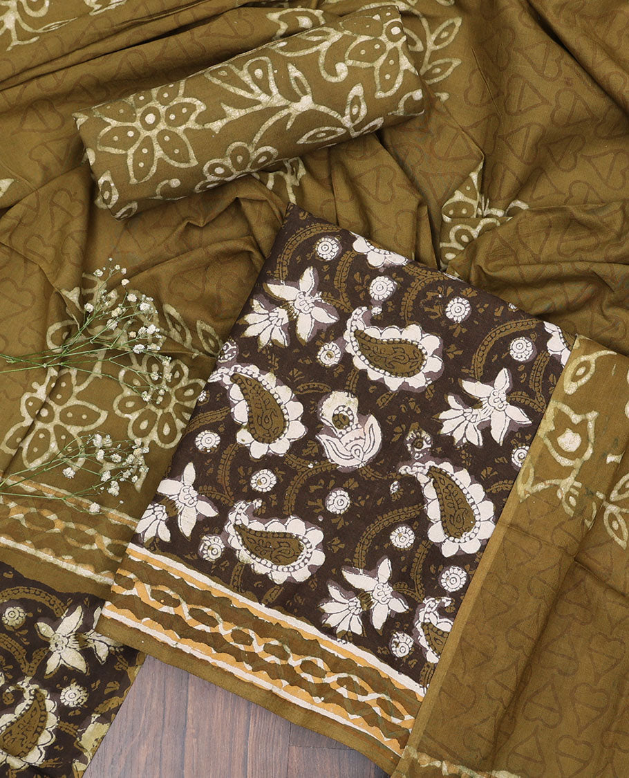 Green material chudidhar set,floral vine printed top,batik floral vine printed bottom & batik floral printed dupatta