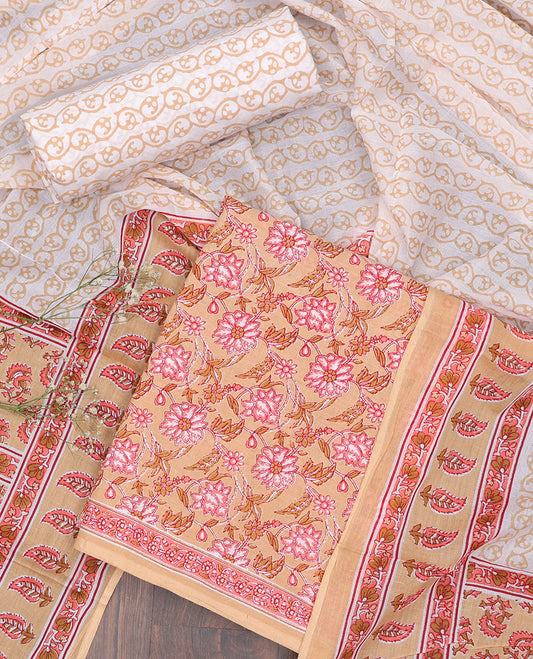 Orange material chudidhar set, floral vine printed top, contrast floral creeper printed bottom & intricate dupatta