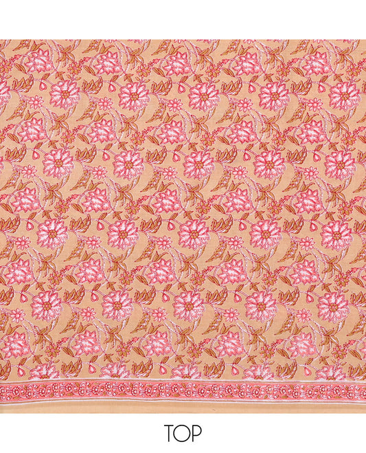 Orange material chudidhar set, floral vine printed top, contrast floral creeper printed bottom & intricate dupatta