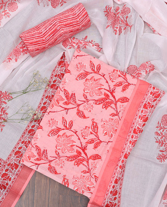 Pink material chudidhar set, floral vine printed top, chevron printed bottom & floral motifs printed dupatta