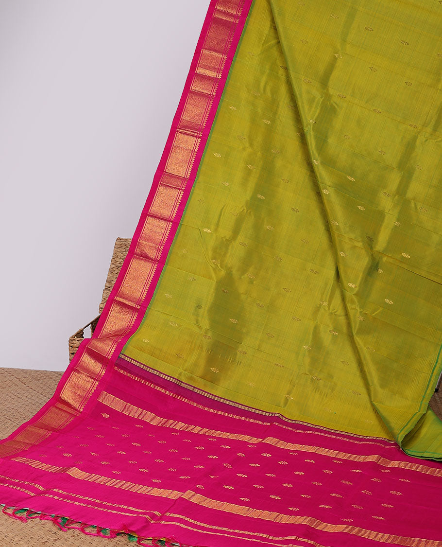 Green zari buttas kancheepuram silksaree, contrast korvai border of thilakam,banaras & jaal & zari design pallu 