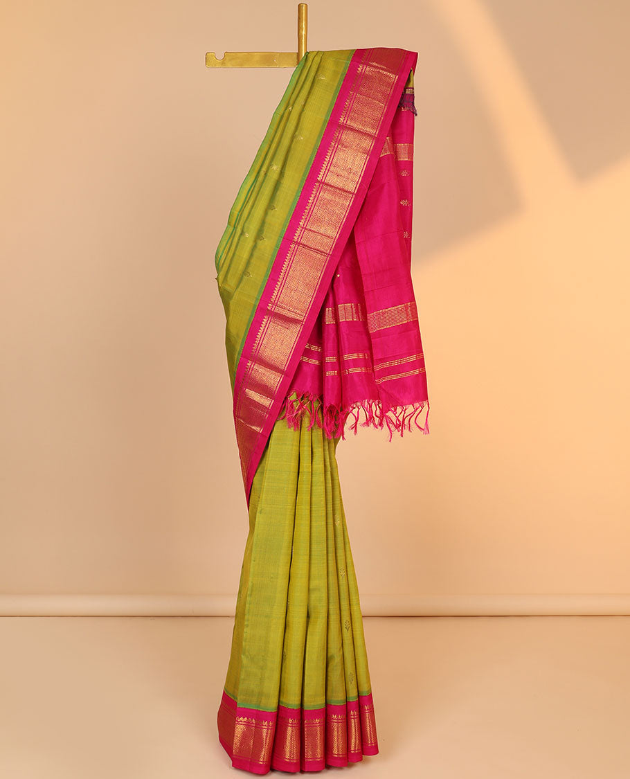 Green zari buttas kancheepuram silksaree, contrast korvai border of thilakam,banaras & jaal & zari design pallu 