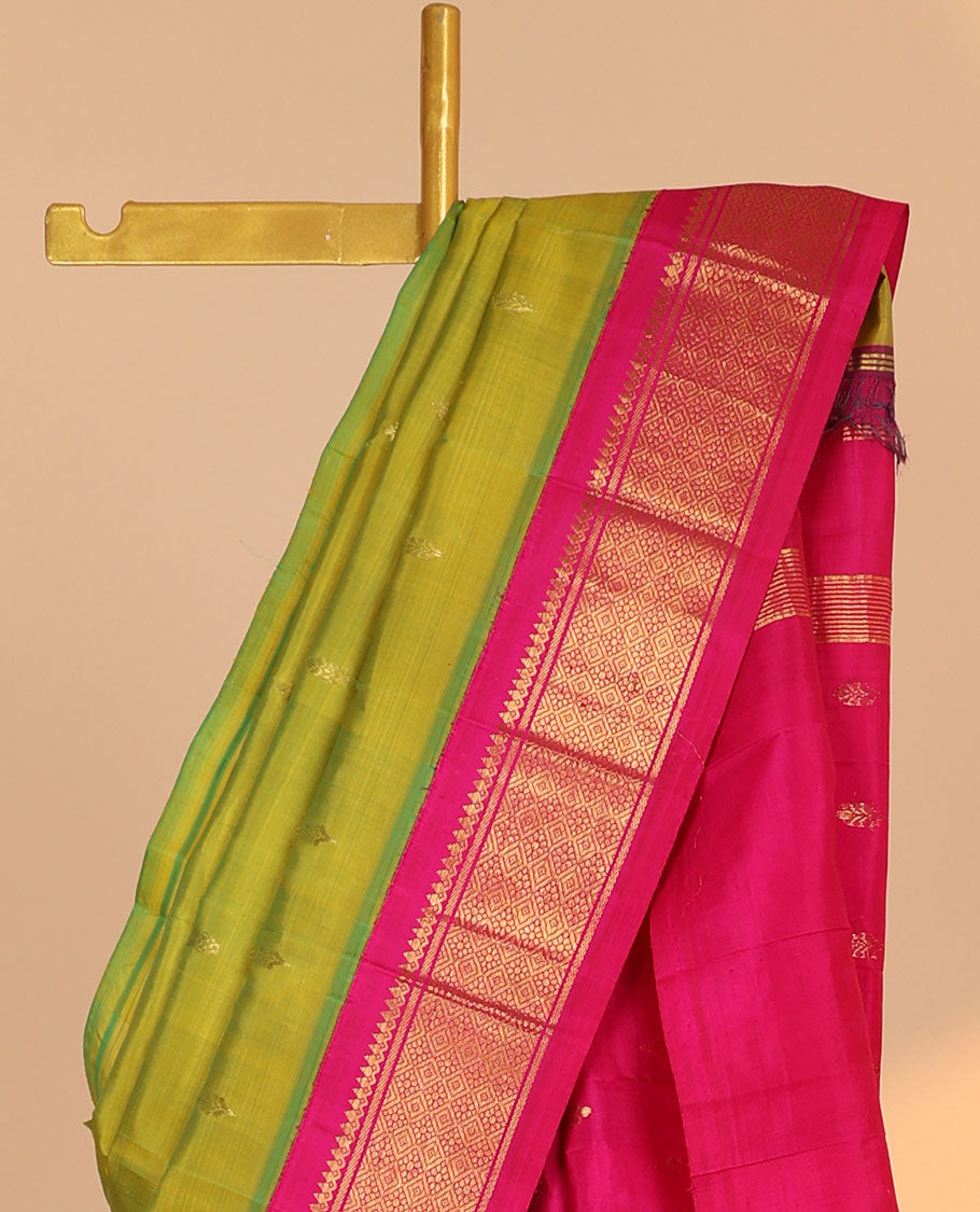 Green zari buttas kancheepuram silksaree, contrast korvai border of thilakam,banaras & jaal & zari design pallu 