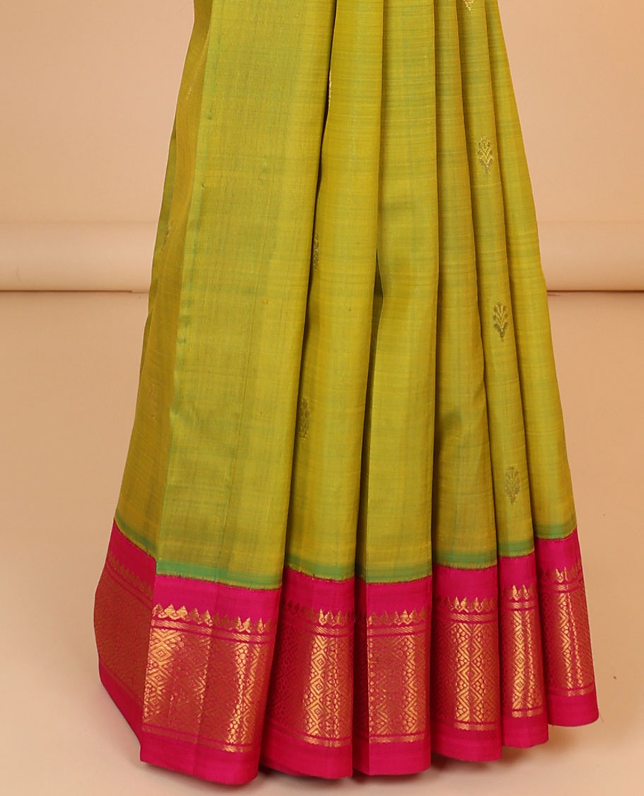 Green zari buttas kancheepuram silksaree, contrast korvai border of thilakam,banaras & jaal & zari design pallu 