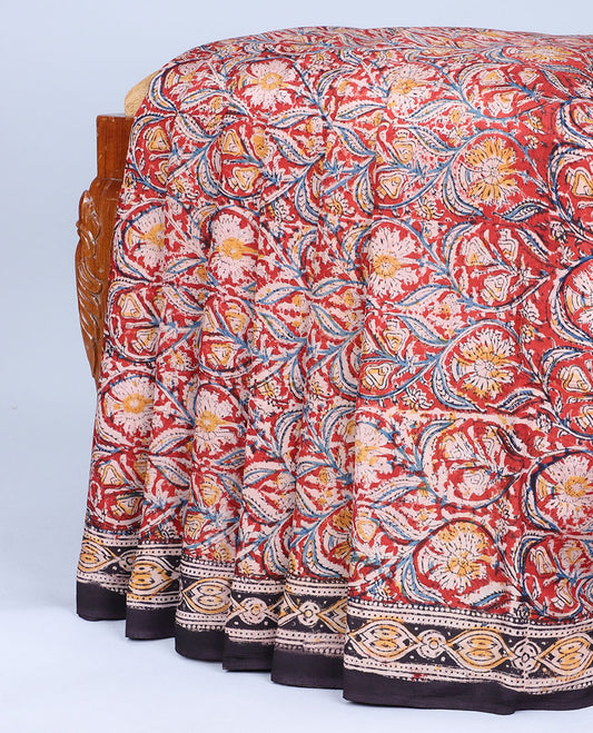 Red floral vine machine-printed kalamkari cotton saree, contrast intricate border & pallu of floral vine print