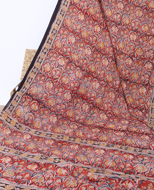 Red floral vine machine-printed kalamkari cotton saree, contrast intricate border & pallu of floral vine print