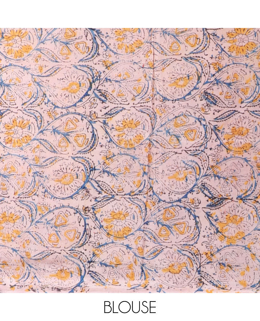 Red floral vine machine-printed kalamkari cotton saree, contrast intricate border & pallu of floral vine print