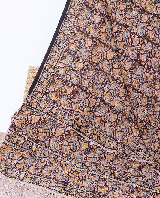 Brown paisley vine machine-printed kalamkari cotton saree, contrast floral border & pallu of paisley vine