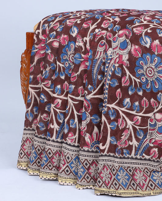 Brown floral vine machine-printed kalamkari cotton saree, contrast diamond border & kalamkari peacock pallu