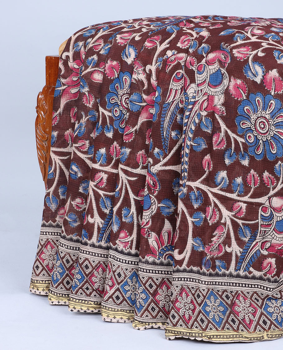 Brown floral vine machine-printed kalamkari cotton saree, contrast diamond border & kalamkari peacock pallu