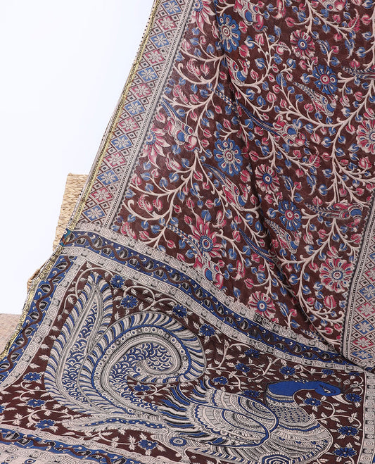 Brown floral vine machine-printed kalamkari cotton saree, contrast diamond border & kalamkari peacock pallu