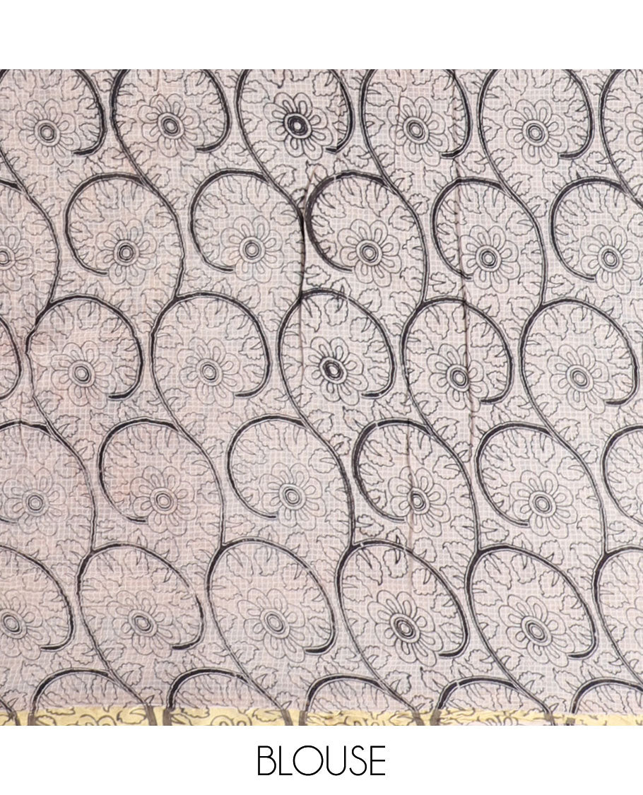 Brown floral vine machine-printed kalamkari cotton saree, contrast diamond border & kalamkari peacock pallu