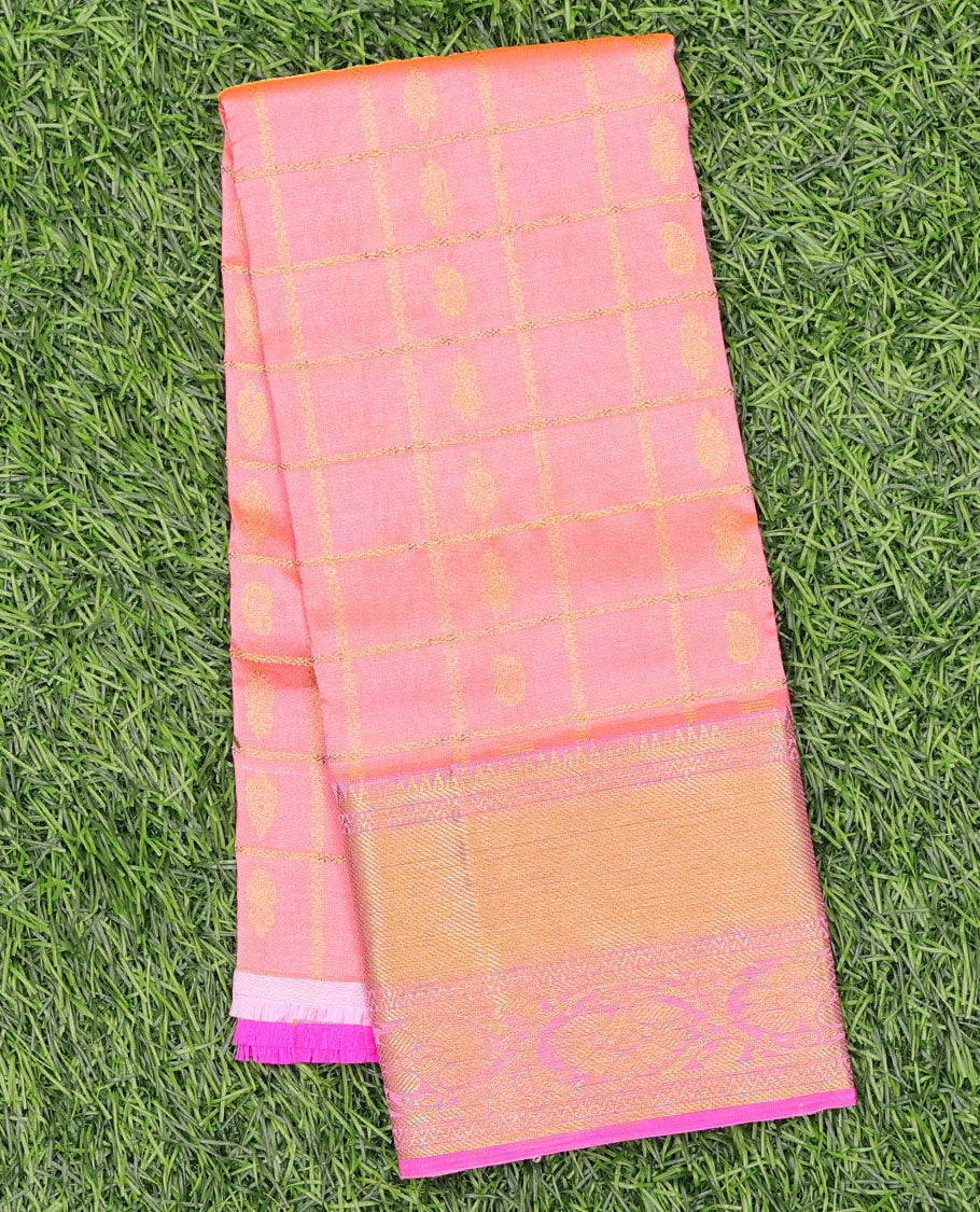 Pink zari checked navarathna pavadai material, contrast traditional design border & zari design blouse