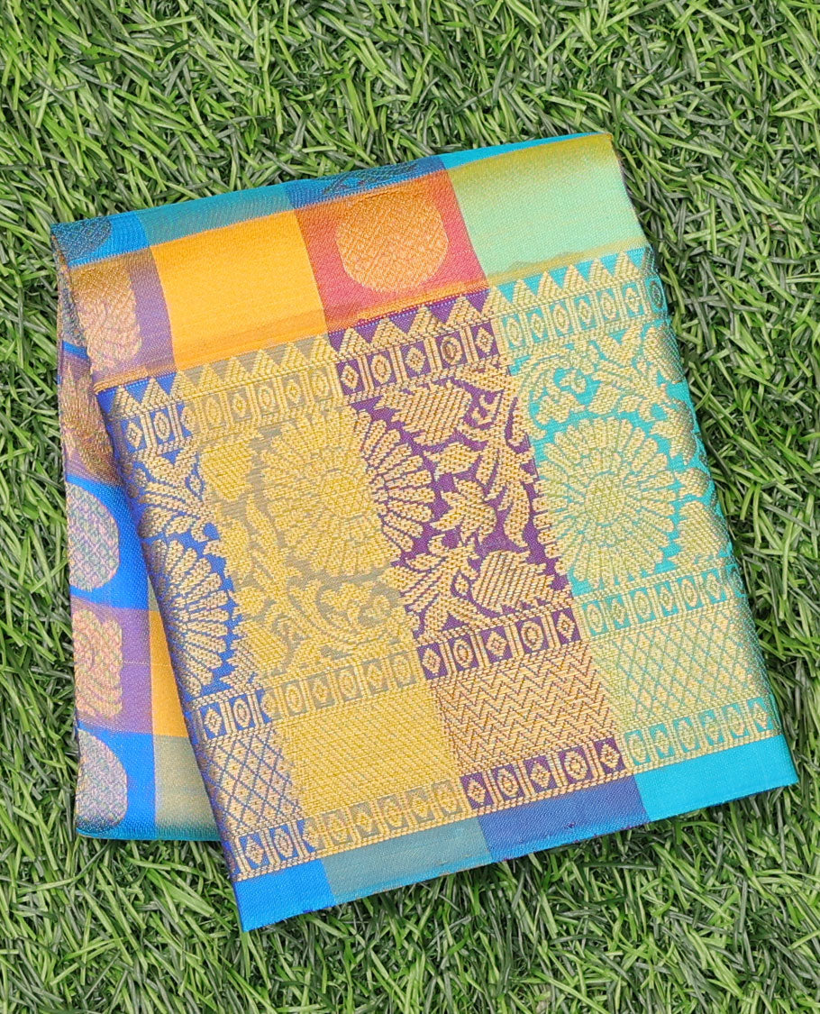 Multi-color checked with zari buttas navarathna pavadai material, traditional zari design border & blouse
