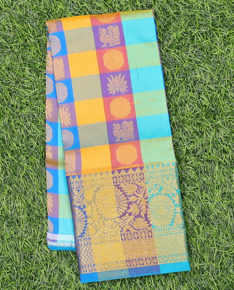 Multi-color checked with zari buttas navarathna pavadai material, traditional zari design border & blouse