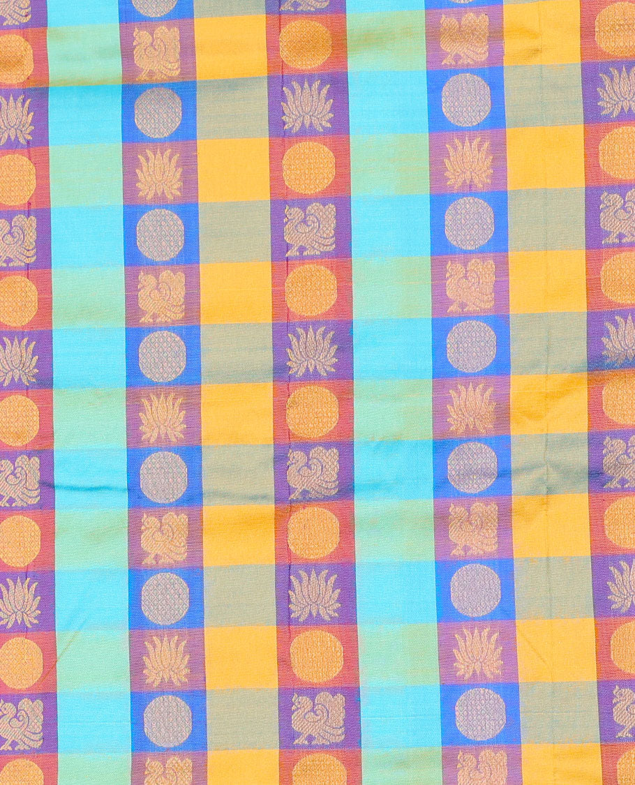 Multi-color checked with zari buttas navarathna pavadai material, traditional zari design border & blouse