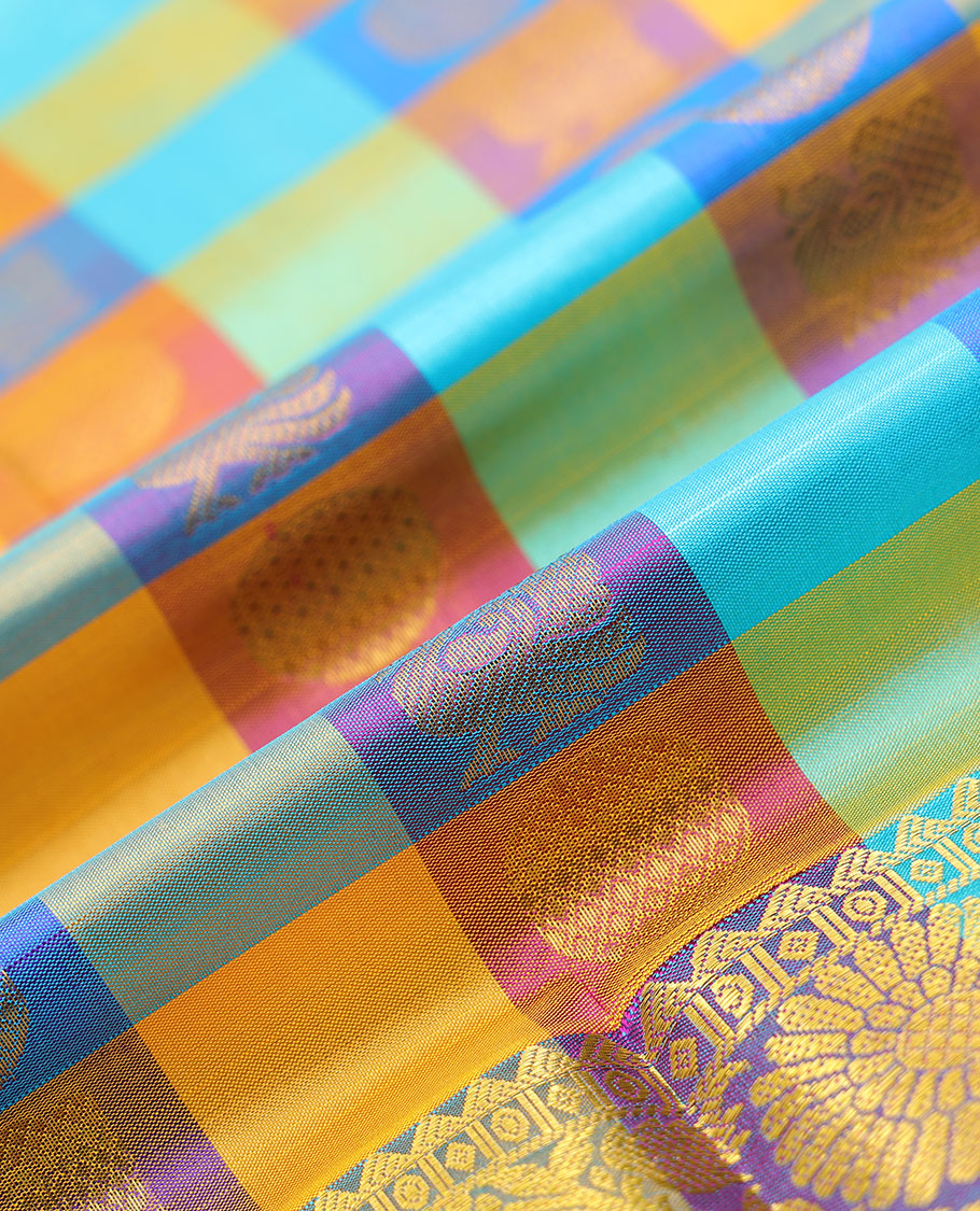 Multi-color checked with zari buttas navarathna pavadai material, traditional zari design border & blouse