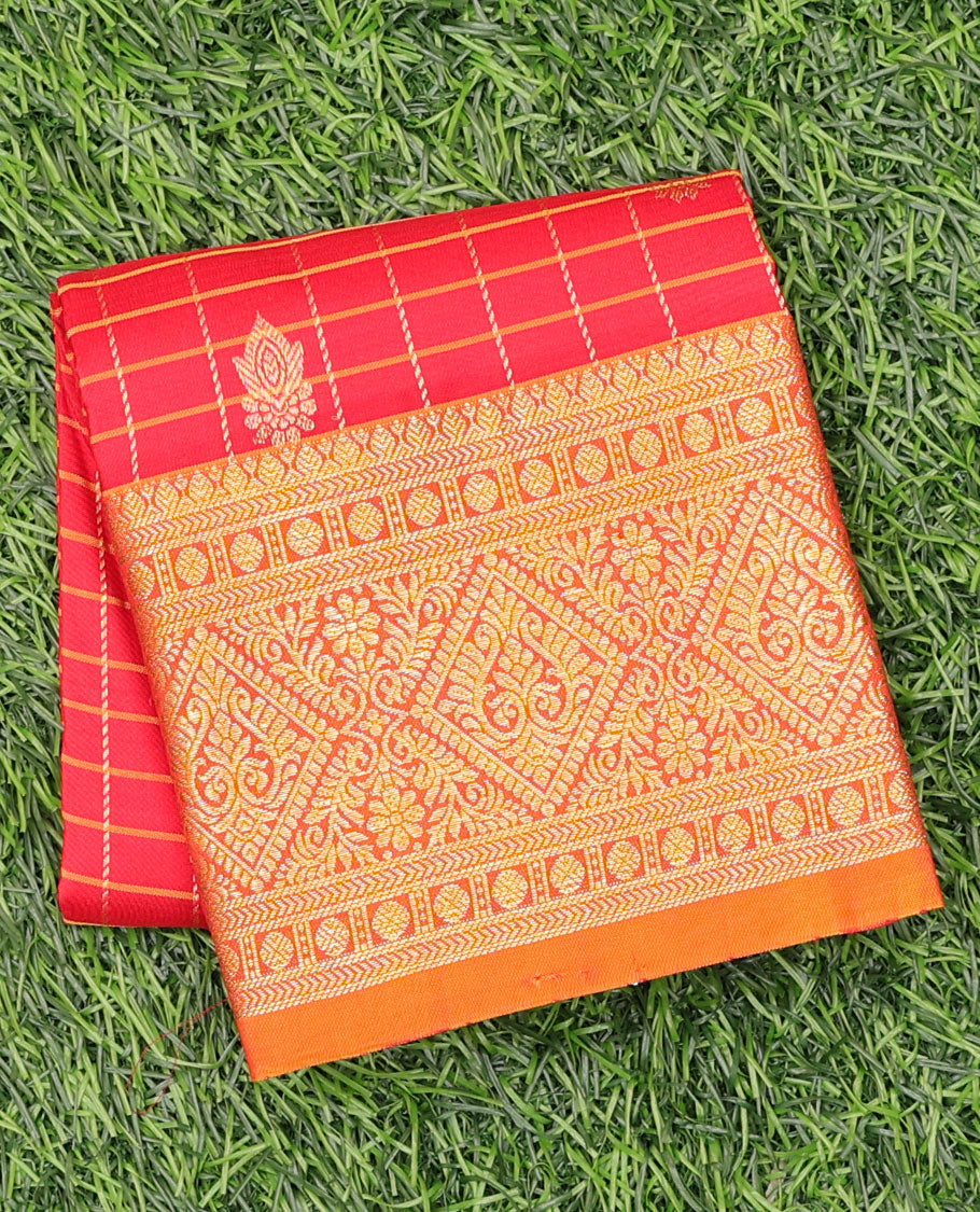 Red checked & zari buttas navarathna pavadai material, contrast striped blouse & traditional zari design border