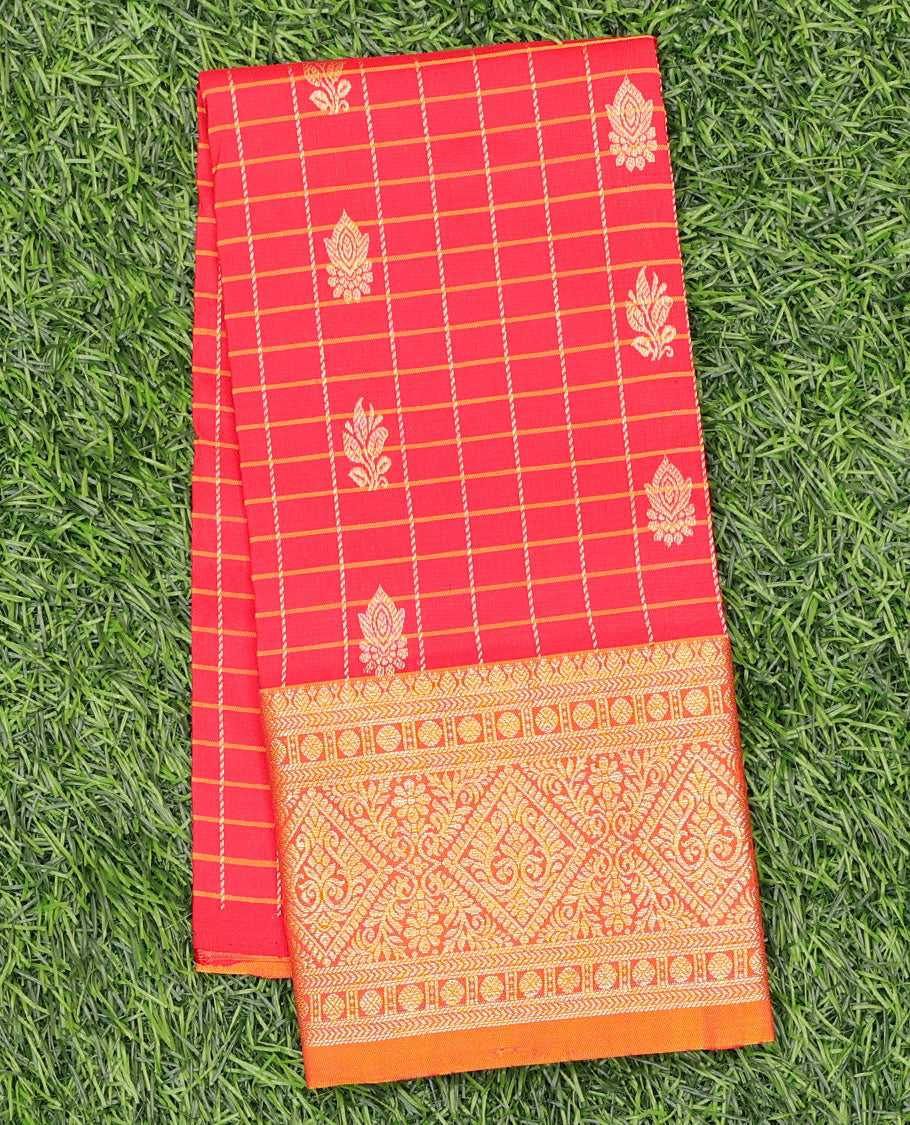Red checked & zari buttas navarathna pavadai material, contrast striped blouse & traditional zari design border