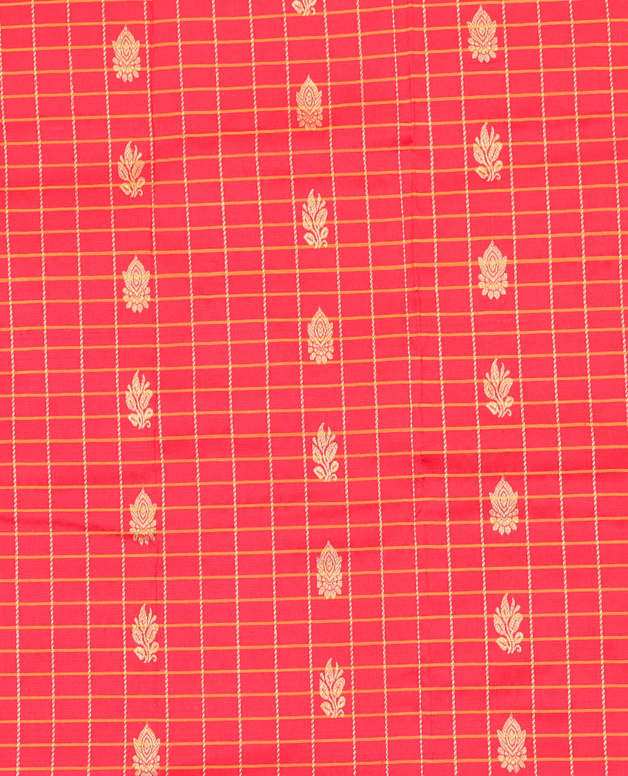 Red checked & zari buttas navarathna pavadai material, contrast striped blouse & traditional zari design border