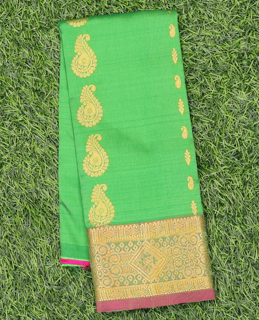 Green zari buttas navarathna pavadai material, contrast traditional design border & zari design blouse