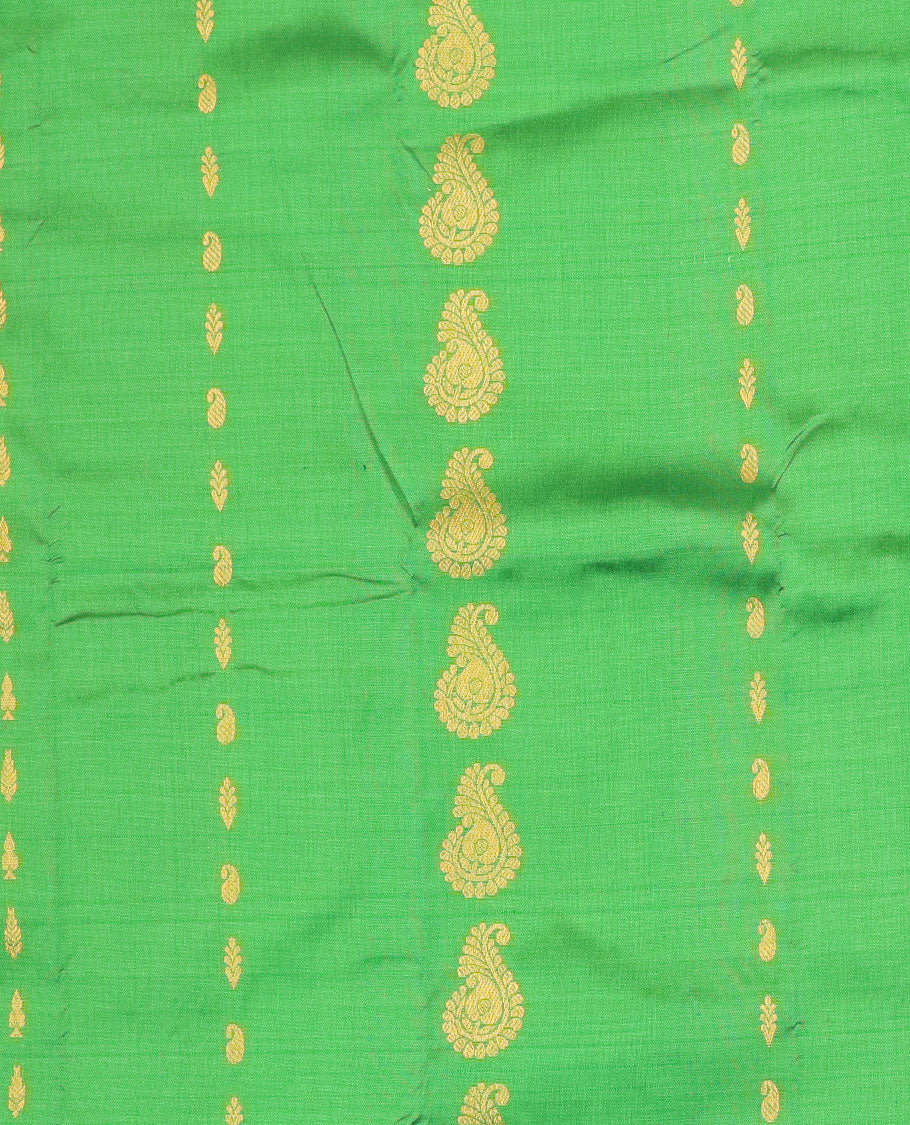 Green zari buttas navarathna pavadai material, contrast traditional design border & zari design blouse